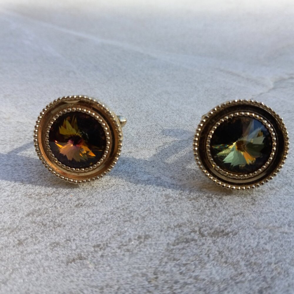 1960s MCM Swarovski Rivoli Crystal Gold Cufflinks Mad Men Style